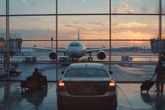 Mid size sedan parked at bustling airport terminal with travelers loading luggage and planes taxiing in the background Mid size sedan parked at bustling airport terminal with travelers loading luggage and planes taxiing in the background